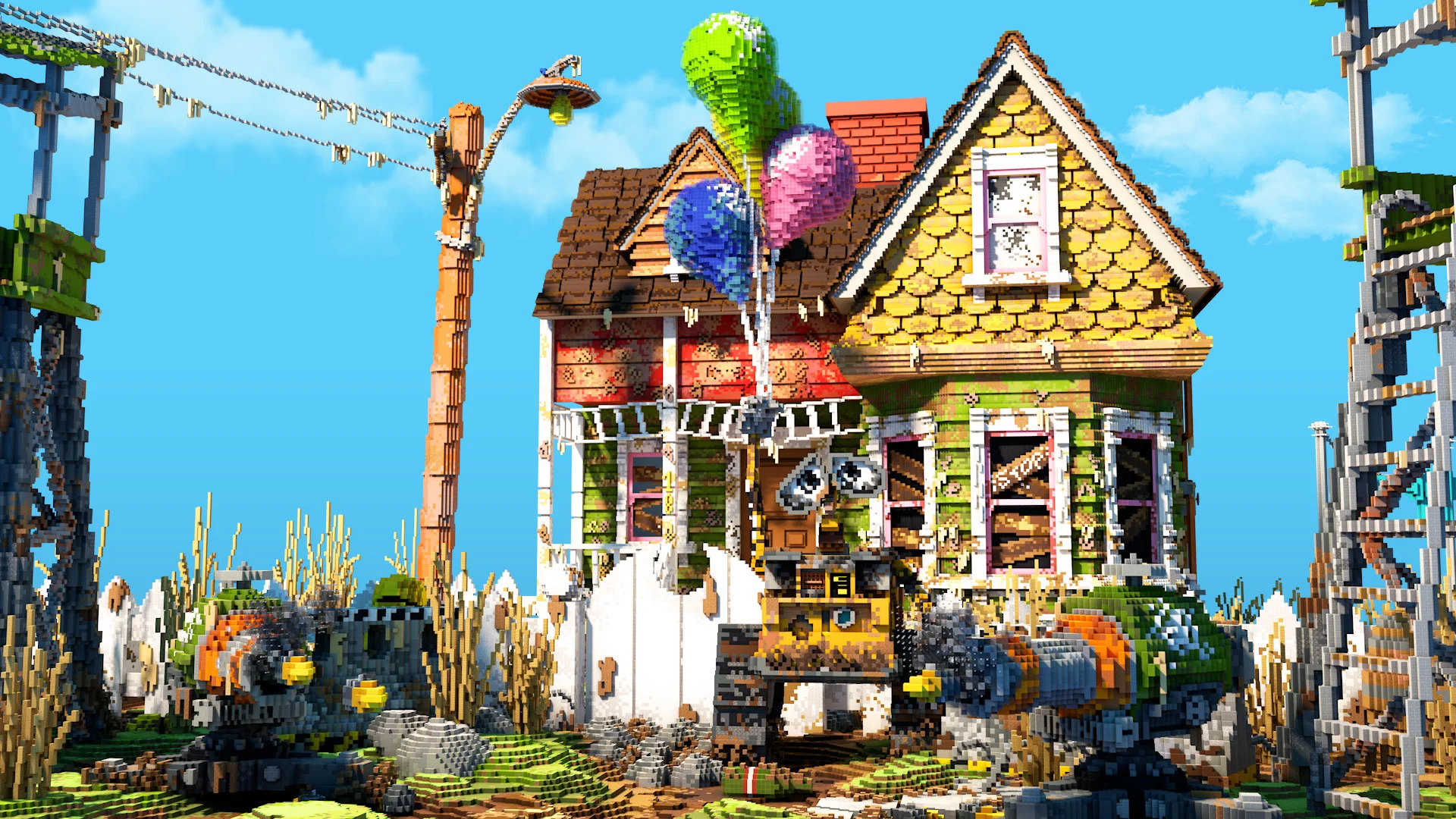 Whimsical cottage lifted by balloons above an overgrown field, small robot companion nearby