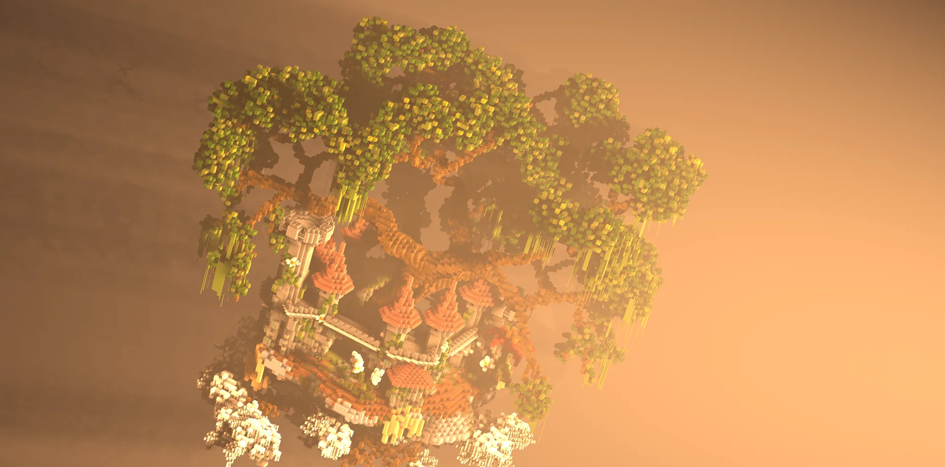 Colossal blossoming tree sheltering a castle lobby in warm, misty light