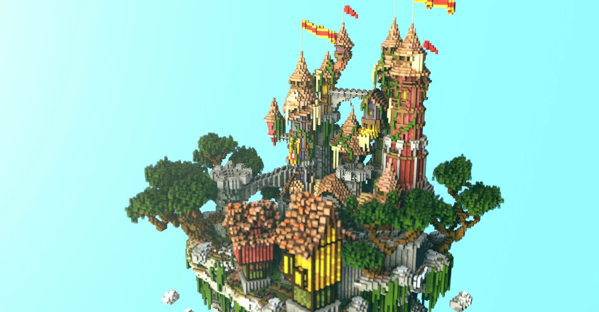 Vibrant multi-coloured fantasy castle with banners and tall spires on a floating island