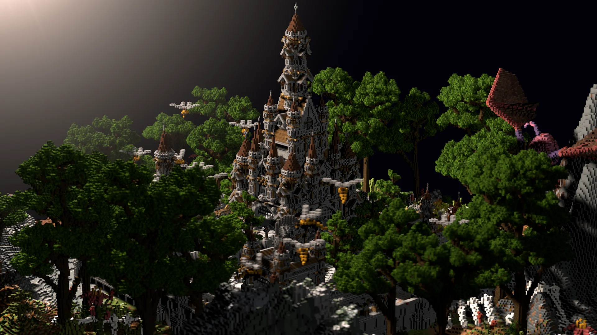 Dark gothic cathedral spire rising from a moody night forest, faction spawn build