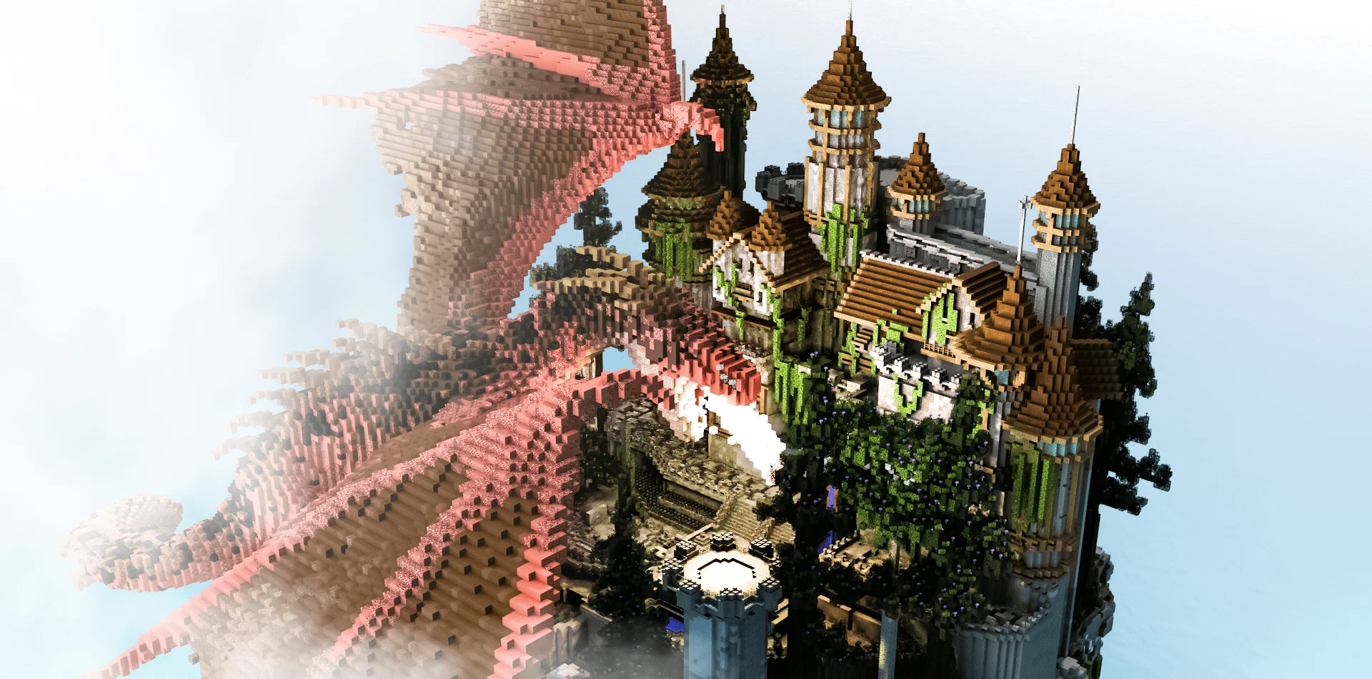 Fantasy island hub crowned with a custom-built dragon and cascading gardens