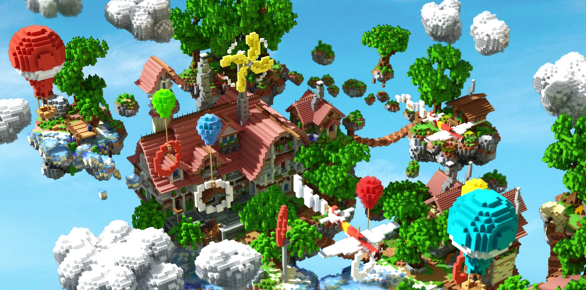 Bright floating hub with balloons, a biplane and scattered sky islands