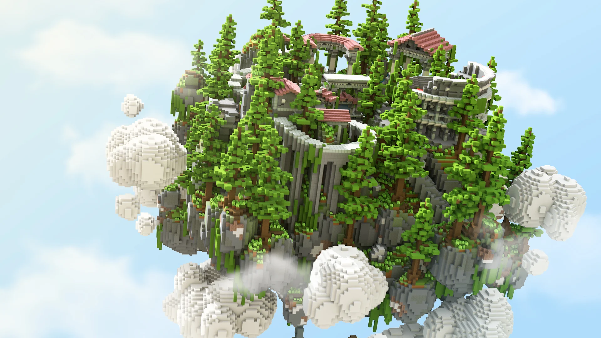 Floating pine-forest island hub with tall conifers and red-roofed lodges above the clouds