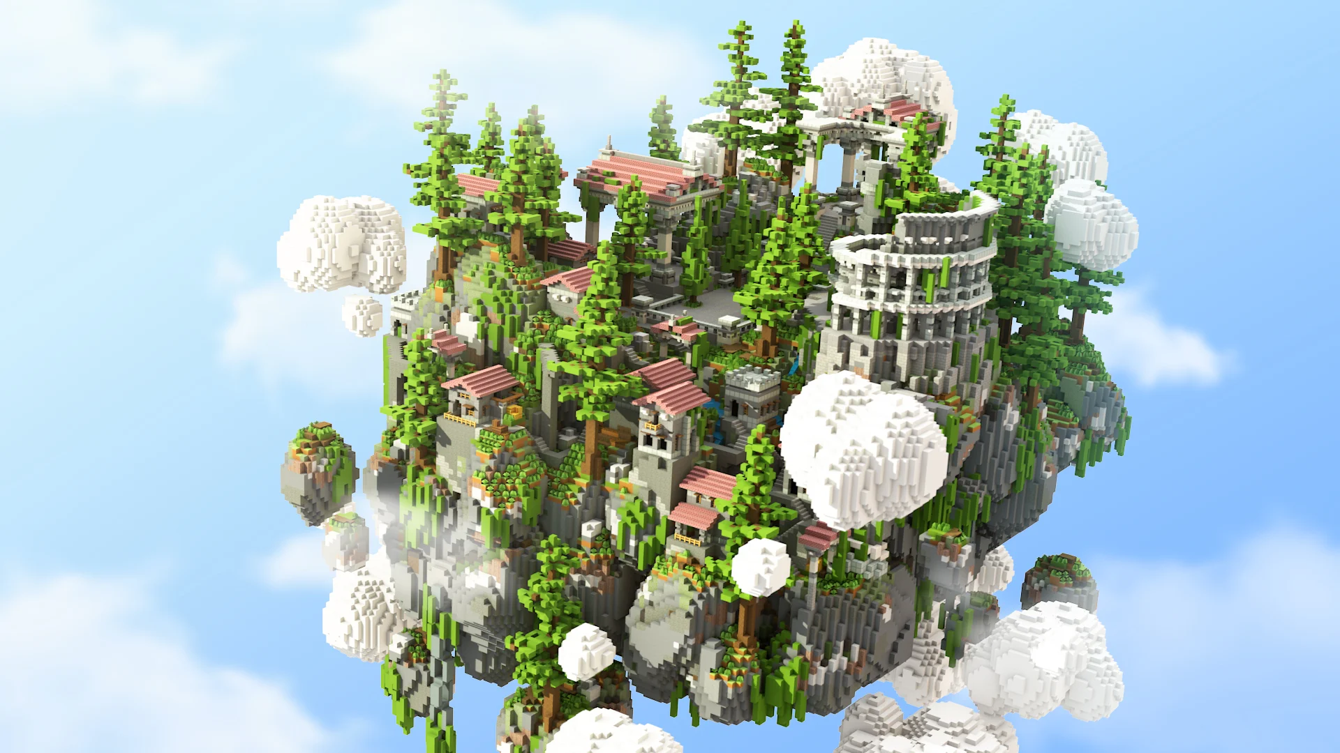 Floating pine-forest island spawn with red-roofed cabins and a stone watchtower amid clouds