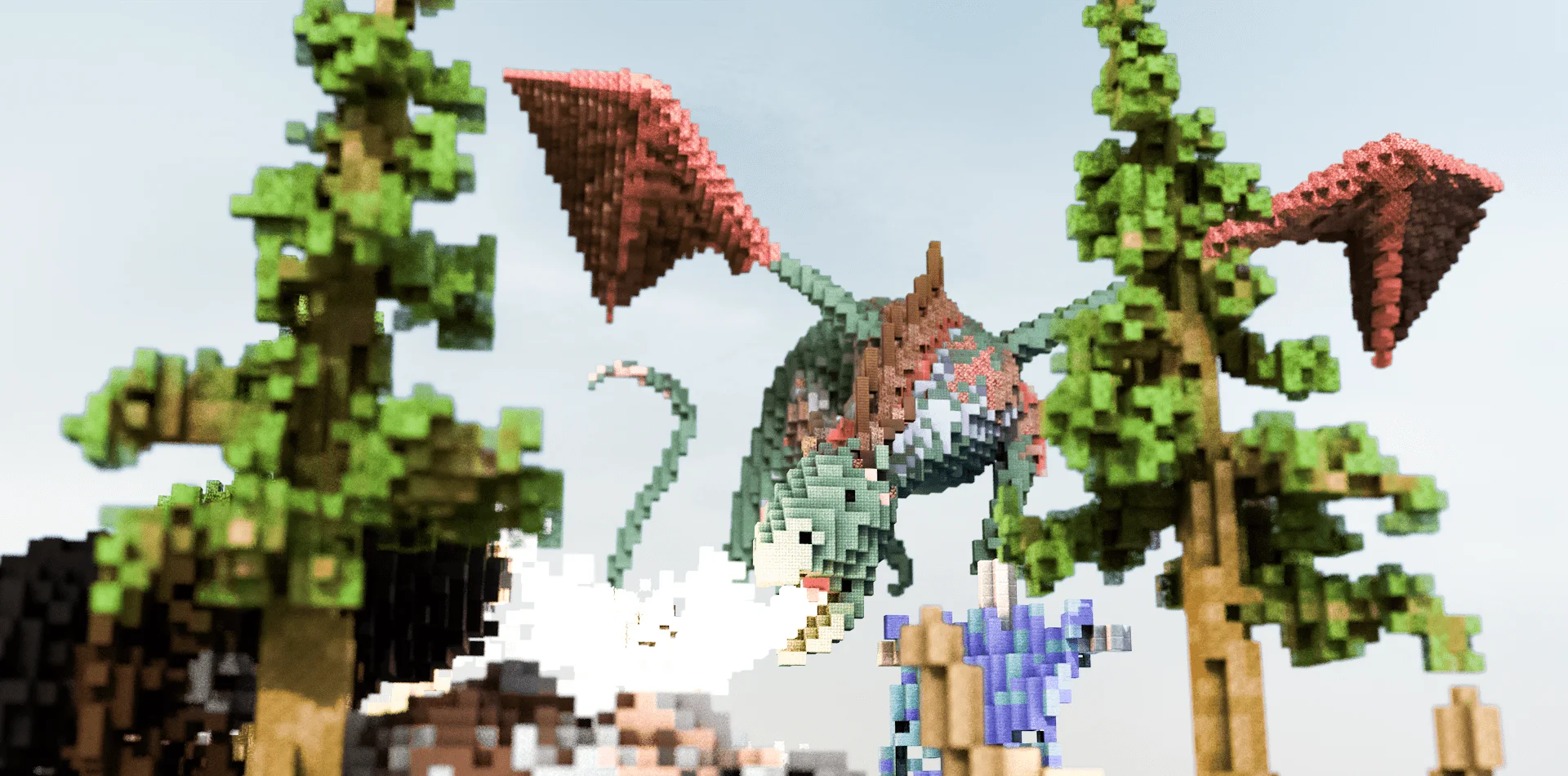 Close-up of a custom green-and-red dragon perched between pine trees at a spawn