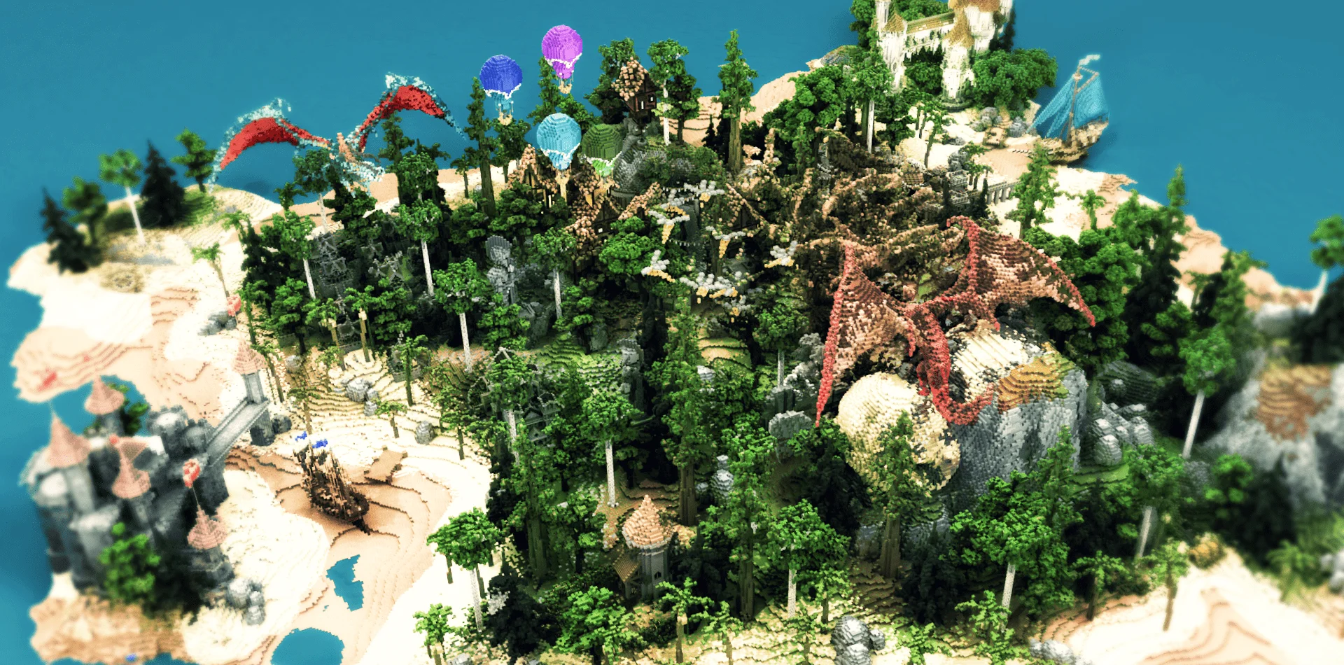 Aerial factions world map with dragons, jungle terrain, portals and coastal bases