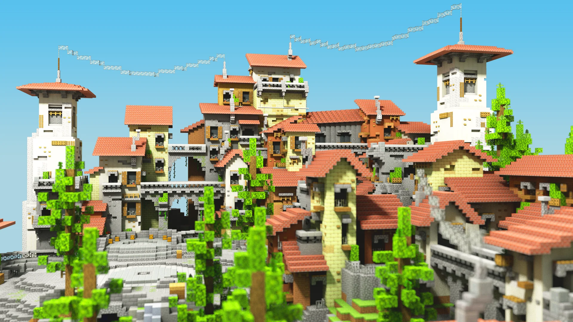 Terracotta Mediterranean hill-town spawn with layered streets and towers