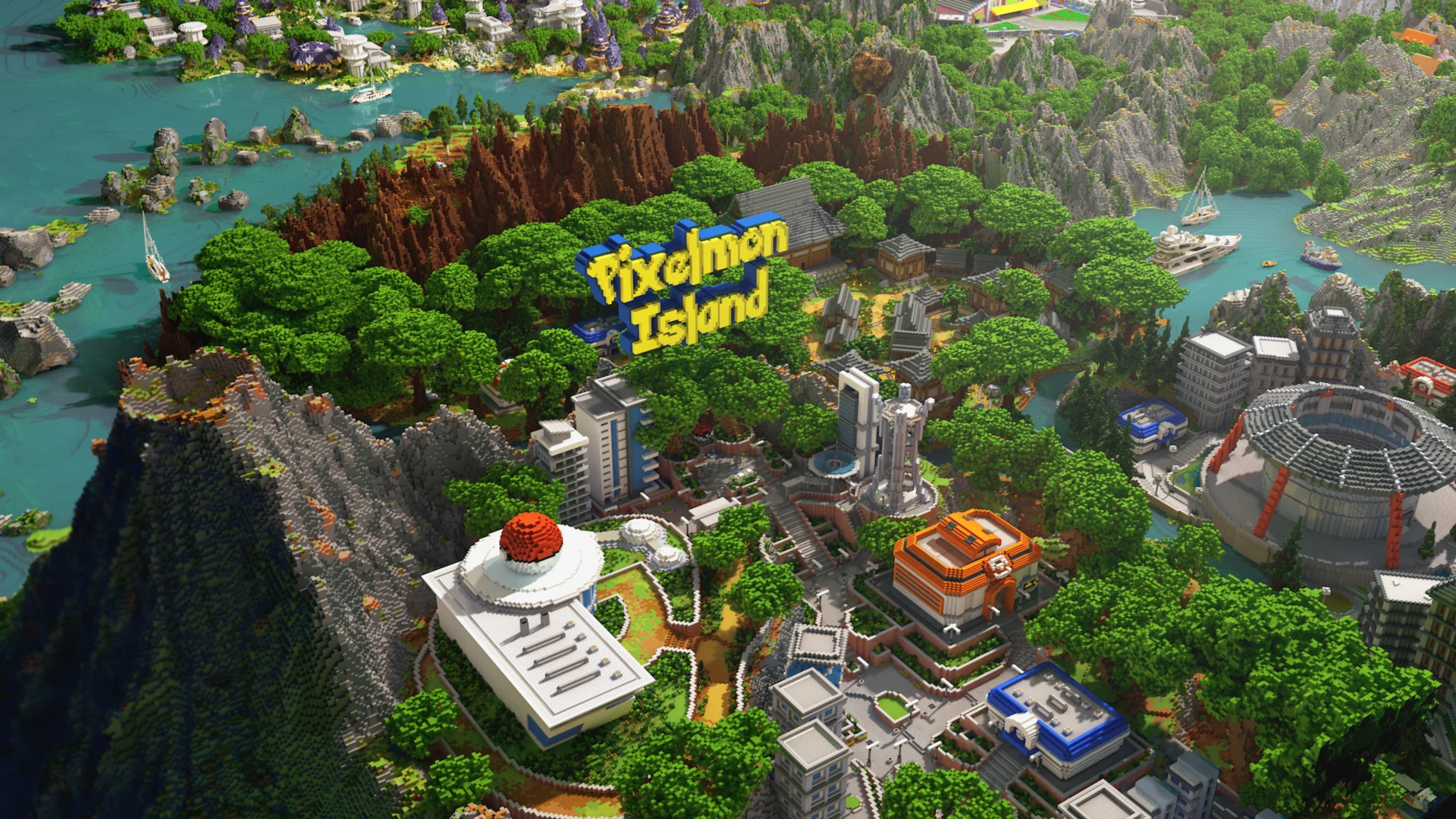 Aerial view of the Pixelmon Island world map with a coastal city, harbours and jungle islands