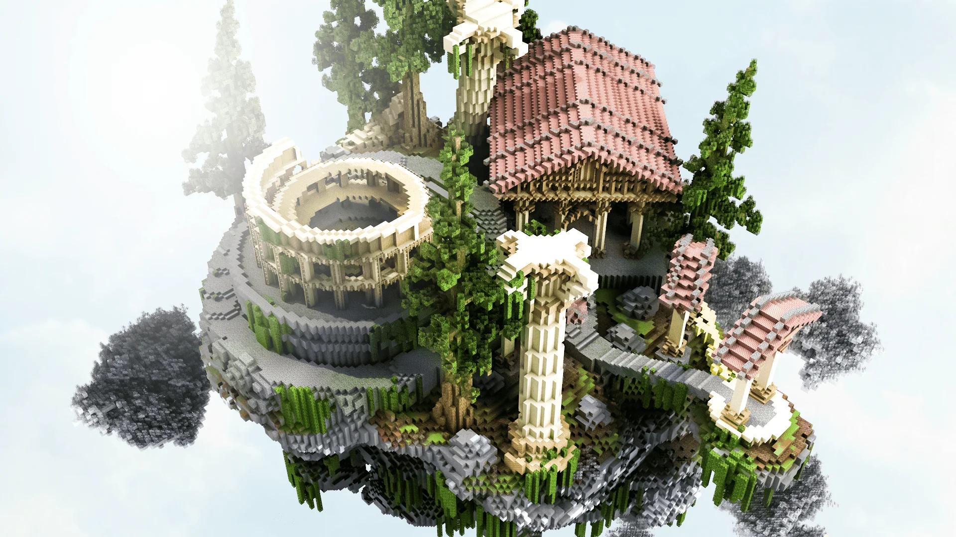 Floating island spawn with a marble Roman colonnade, red-roofed pavilion and columns