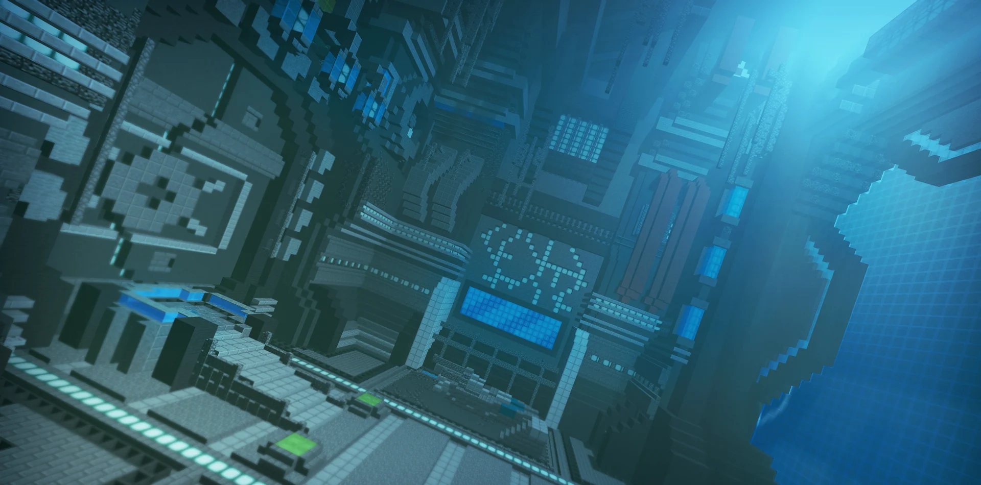 Futuristic sci-fi lobby interior with glowing blue panels and holographic screens