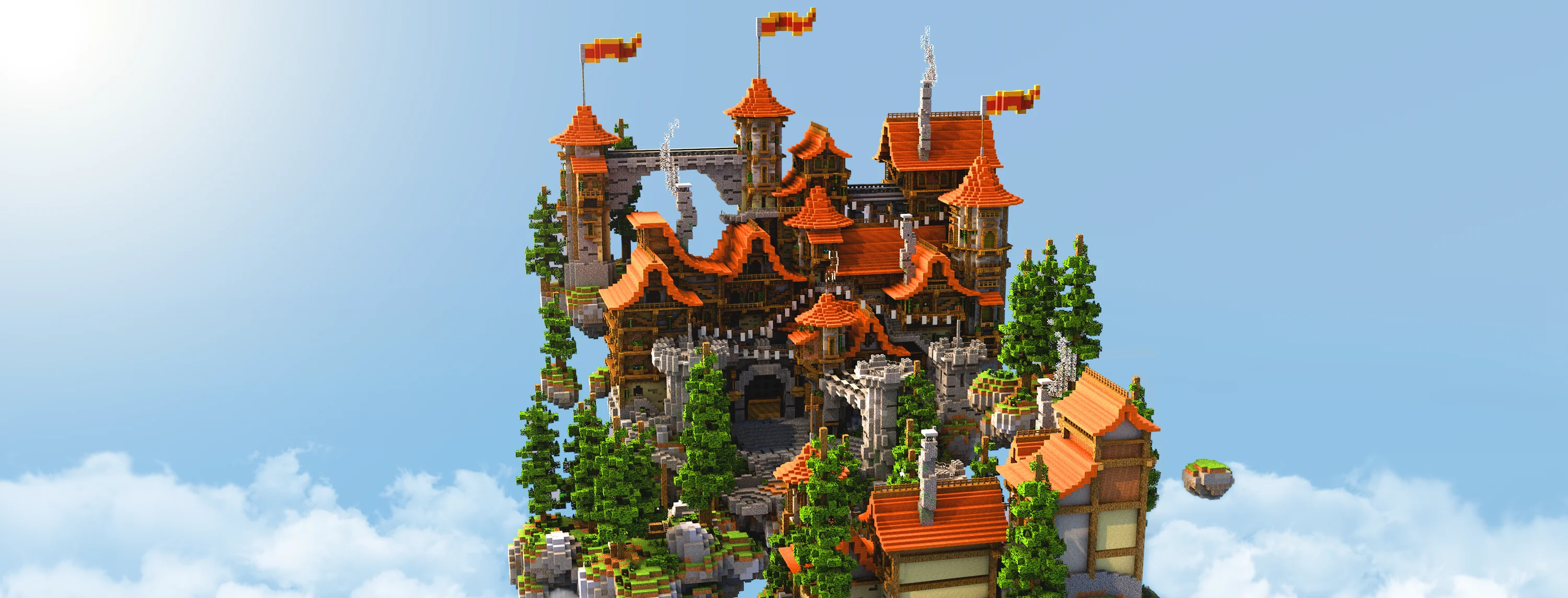 Floating medieval castle spawn with custom terrain, towers and detailed rooftops