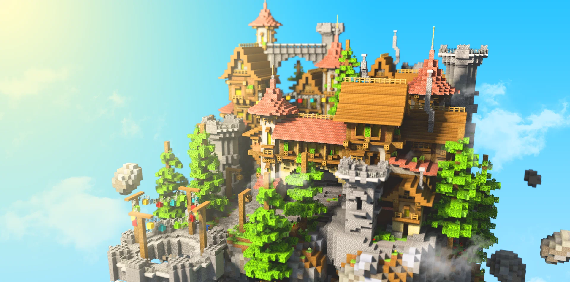Warm-toned floating manor with timber lodges, orange rooftops and a stone keep on a sky island